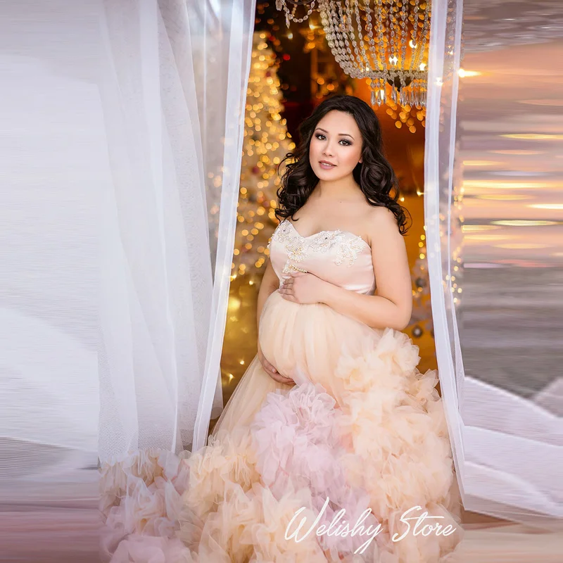 Sweet Dreamy Maternity Ruffles Tiered Tulle Dresses Women Pregnancy Birthday Party Gown Photo Shoot Illusion Puffy Bridal Dress