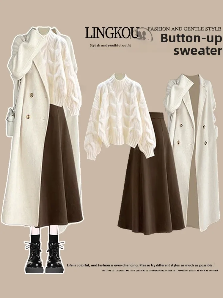 

Ele Knitted Sweater And Vintage Skirt Set Women's Faion Autumn Winter Tee-piece Ensemble Slimming Retro Sle