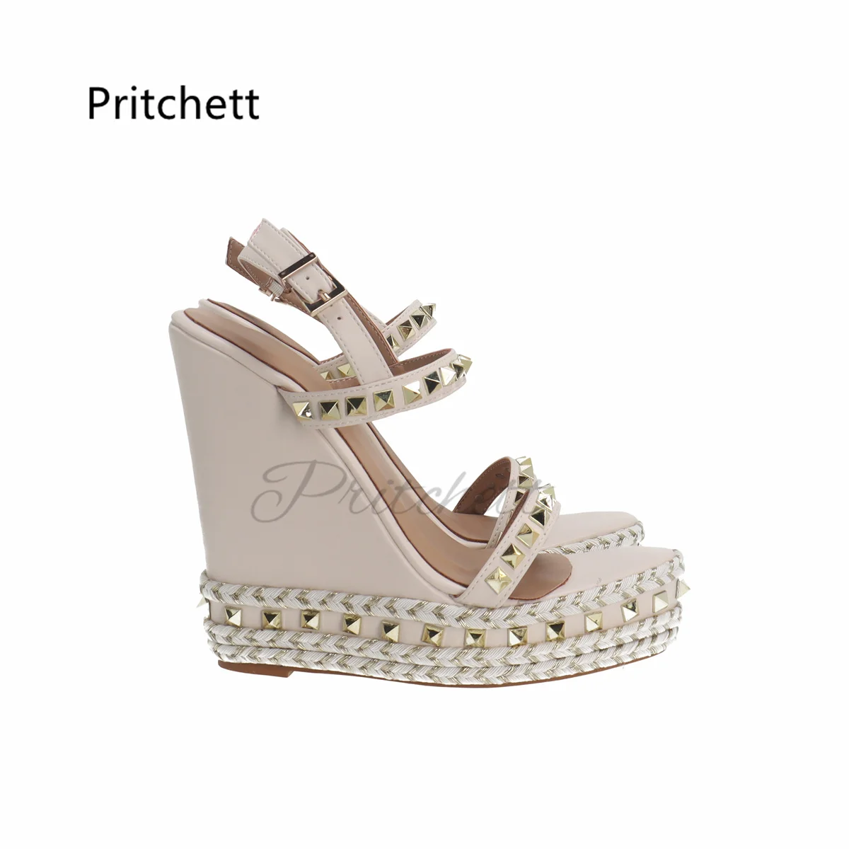 Beige Rivet Espadrilles Wedges Sandals with Heels Platform Buckle Luxury Design Leather Sandals for Women Shoes Custom Color