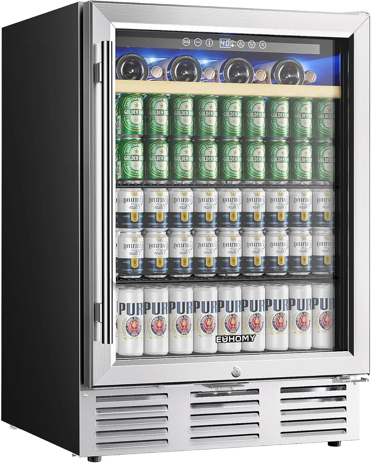 

24 Inch Wine and Beverage Refrigerator, 112 Cans & 8 Bottles Built-in or Freestanding Beverage Refrigerator Double-Layer Glass