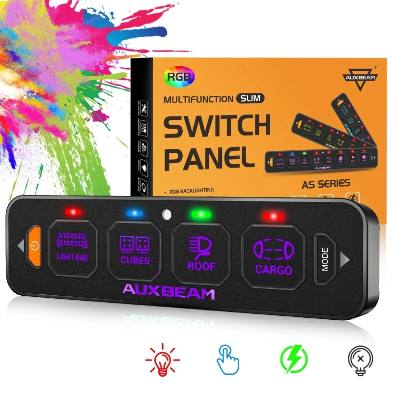 AUXBEAM AS-R40 4 Gang Switch Panel RGB Single Row Switch Panel Toggle Momentary Pulsed Mode Car Lights Control Panel for Car Truck ATV UTV