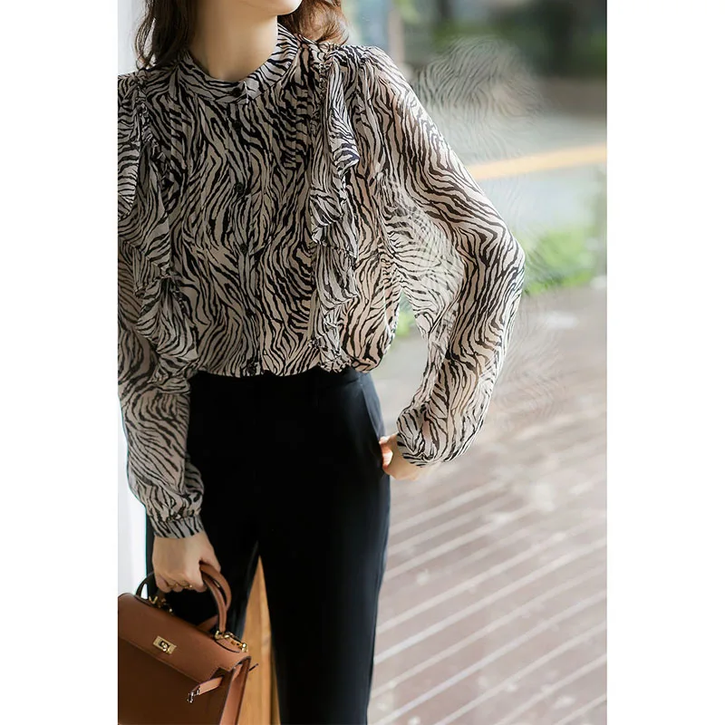 Vintage Elegant O-Neck Zebra Stripes Blouses Fashion Ruffles Loose Long Sleeve Button Printing Shirt 2023 Spring Summer Women