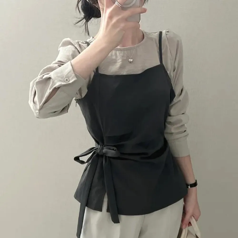 Dames Lange Sve irt Knoop Tie Top + Basislaag Lange Sve Blouse Tweedelige Set Herfst Lente Seizoen Koreaanse Sle