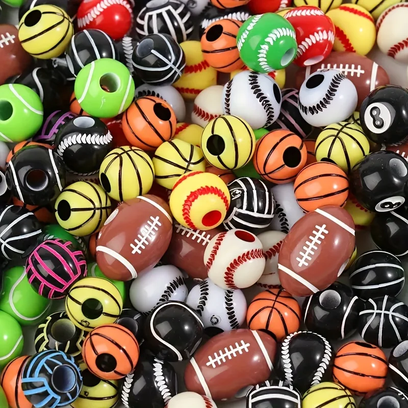 120/60 Stück verschiedene Ballperlen im Sportstil, zufällige Mischung, Acrylperlen, DIY-Armbänder, Halsketten, Sportstil, Festivalgeschenk