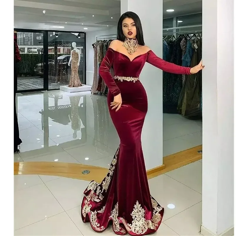 Wine Red Long Dress Sexy Mermaid Dubai Dress Charming Gold Decal Formal Occasion Dress Customized