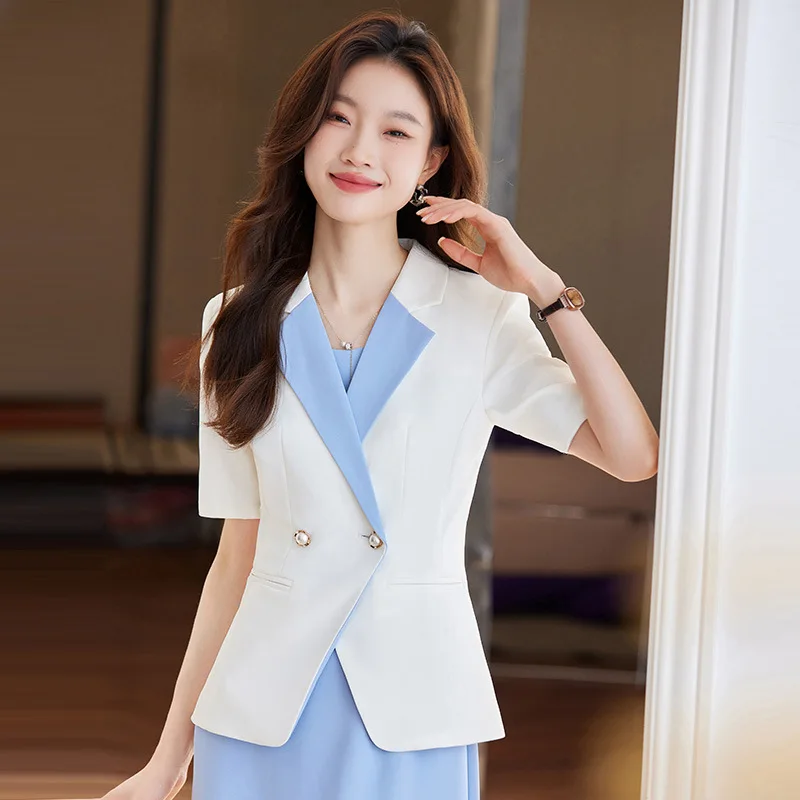 Color-Block Mid-Sleeve Blazer voor Women2024Spring Zomer Nieuwe Elegante Woon-werkverkeer Blazer Jurk Tweedelige Set werkkleding