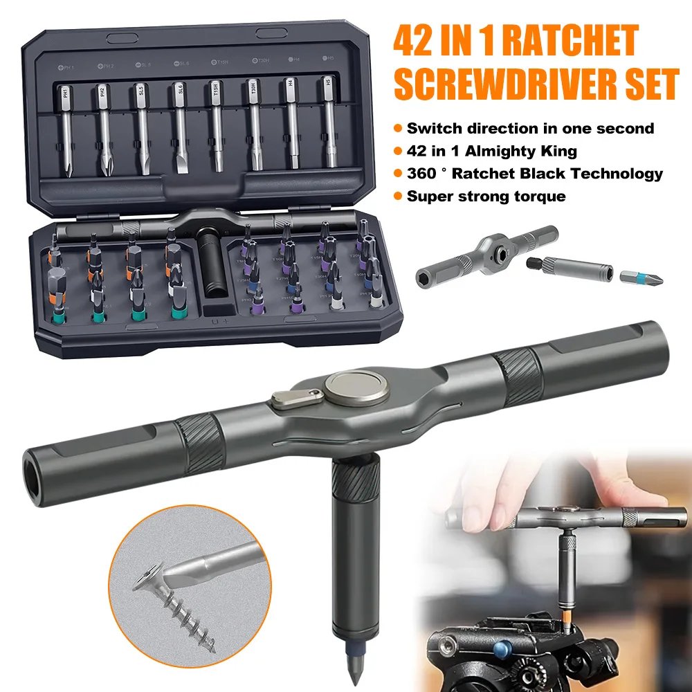 Набор отверток с храповым механизмом 42 в 1, 40 магнитных сверл, съемная Т-образная ручка, съемная прецизионная отвертка для самостоятельной сборки