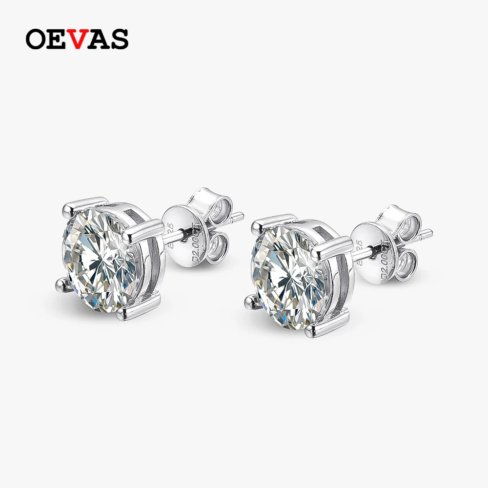 OEVAS Real 2ct D Color Moissanite New Round Style Stud Earrings For Women Top Quality 100% 925 Sterling Silver Wedding Jewelry