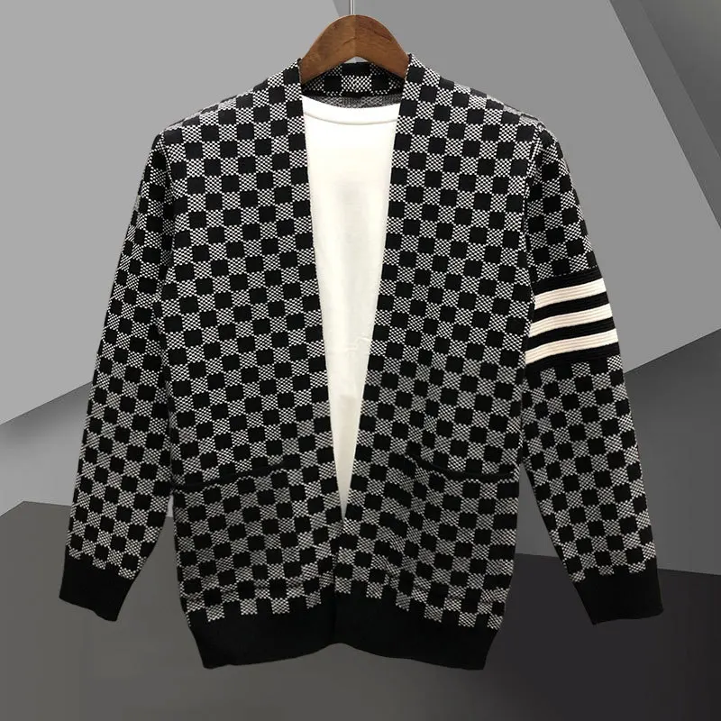 

Trend Brand Fashion Plaid Cardigan Coat Men Leisure Black Mens Sweaters Korean Style Autumn New Knitted Cardigan Sweater