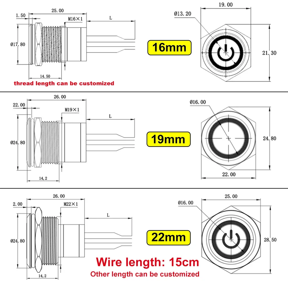 16/19/22mm 10A High Current IP67 Waterproof Metal Push Button Switch LED Light Momentary Latching Outdoor Power Switch Red Green