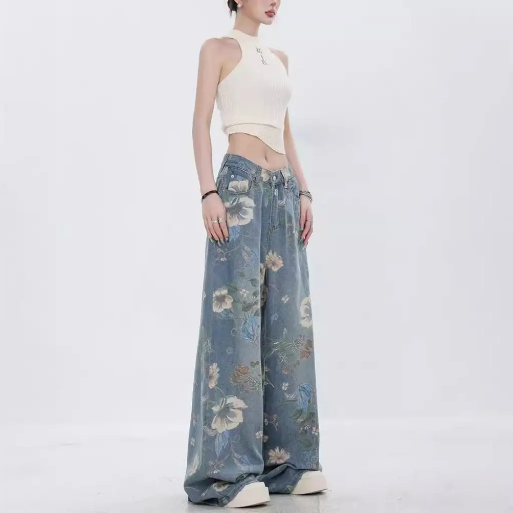Pantalones vaqueros de pierna ancha con estampado completo de flores para hombre y mujer, pantalones de fregona ajustados rectos con efecto lavado, novedad de verano