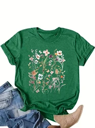 flower print t-shirt, short sleeve crew neck casual top for summer & spring, women's clothing