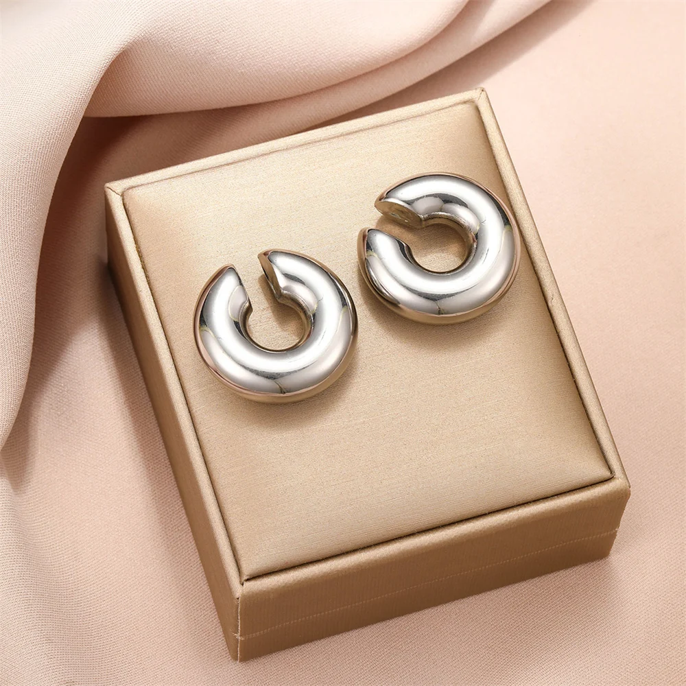 Hyperbole Large Chunky Non Piercing Gold Plated CCB Circle Ear Cuffs Earrings for Women Thick Bold Round Light Ear Clip Jewelry image 6