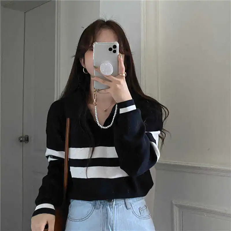 Matta Korean Fashion Polo Preppy Style Striped Women's Sweater Collar Loose Long Sleeve Top Y2k Clothes Sweater  Autumn Winter