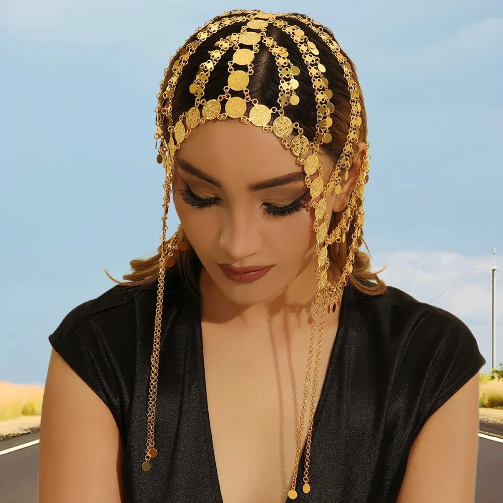

Fashion Gold Color Tassel Head Chain Multi-layer Disc Tassel Women Headband Headdress Bridal Headdress Women