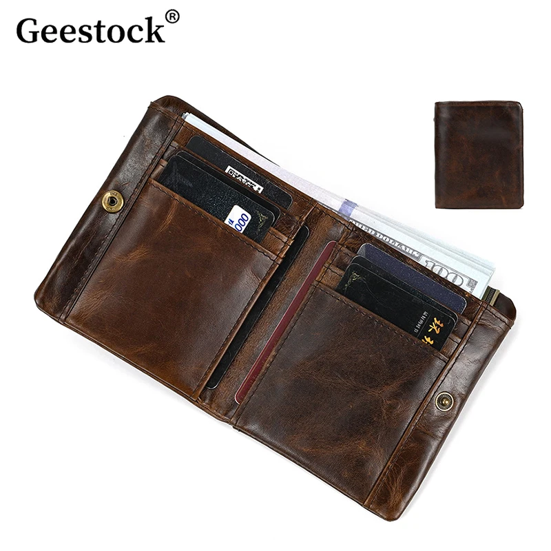 Geestock Men Genuine Leather Wallet Bifold Short Wallet Cowhide Credit Card Holder Zip Coin Purse Daily Carry Gift