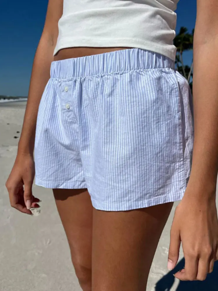 Casual Loose Stripe Button Details Summer Shorts Women Vacation Beach Outfits