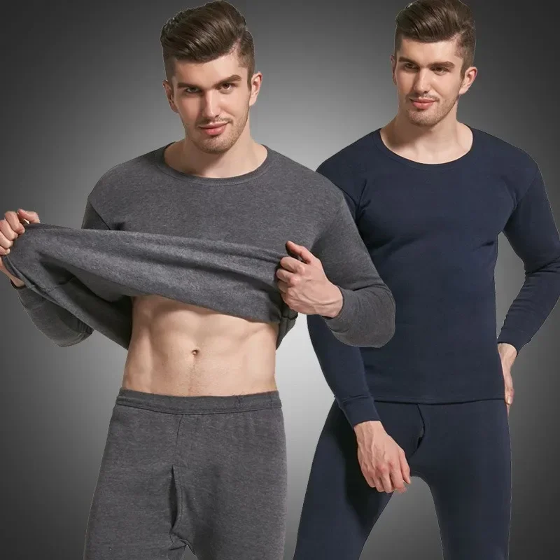 Winter Men\'s Thermal Underwear Bottoms Sets Thickened Warm Undershirts Round Neck Brushed Autumn Solid Men Clothes Tops Pants