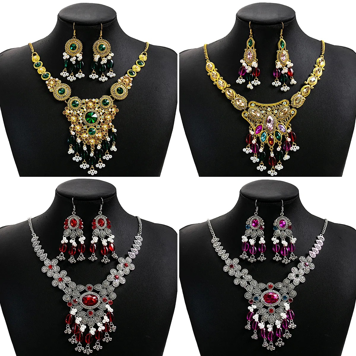 

Luxury Exaggerated Jewelry Set, Vintage Court Gemstone Necklace, Geometric Flower Fringed Pearl Earrings
