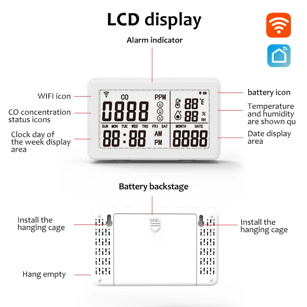 Tuya WiFi 4in1 CO Meter Carbon Monoxide Detector Temperature and Humidity Tester Household Air Quality Monitor Hygrothermograph
