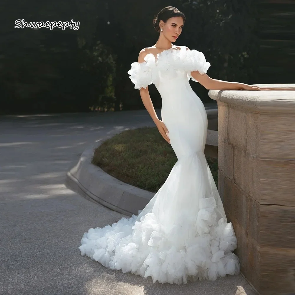 

Hand Made Flowers Mermaid Wedding Dress Off Shoulder Long White Elegant Bridal Gown Court Train Customized