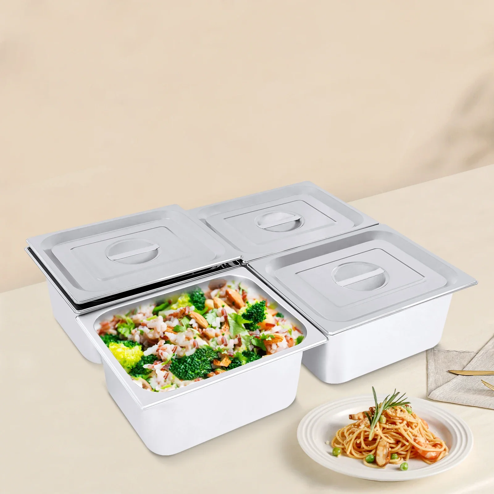 4個パック 6インチ深さ 1/2サイズ スチームテーブルパン 蓋付き ホテルフードパン ステンレススチール