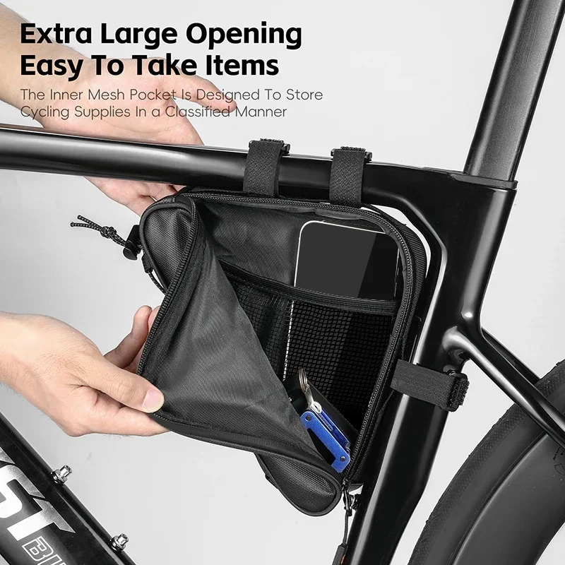 WEST BIKING Bicycle Front Frame Triangle Bag With Mesh Pouch MTB Road Bike Bottom Tube Bag Elastic Luggage Straps For Storage