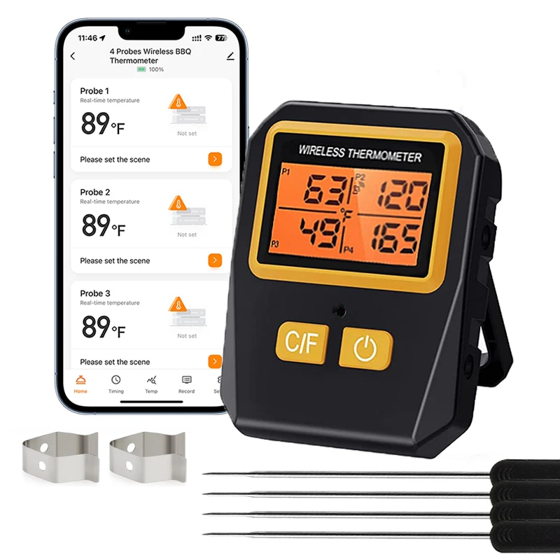 

100M Wireless Digital Meat Thermometer with 4 Probes Backlight for Kitchen Cooking BBQ Tuya APP Phone Bluetooth Connection