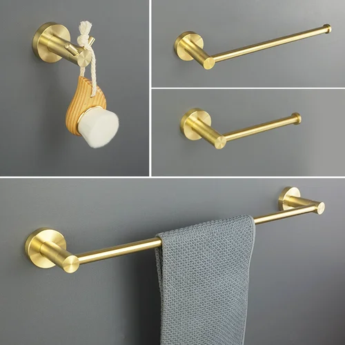 Imagen 2 del producto Estante de montaje en pared de Oro pulido, accesorios para baño, soporte de papel, toallero, barra de riel, gancho para bata, colgador, accesorios de baño