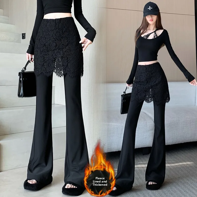 High Waist Lace Patchwork Faux Two-Piece Micro Flared Pants Women Winter Thickened Fleece Slim Fit Butt Covering Lace Curtain...