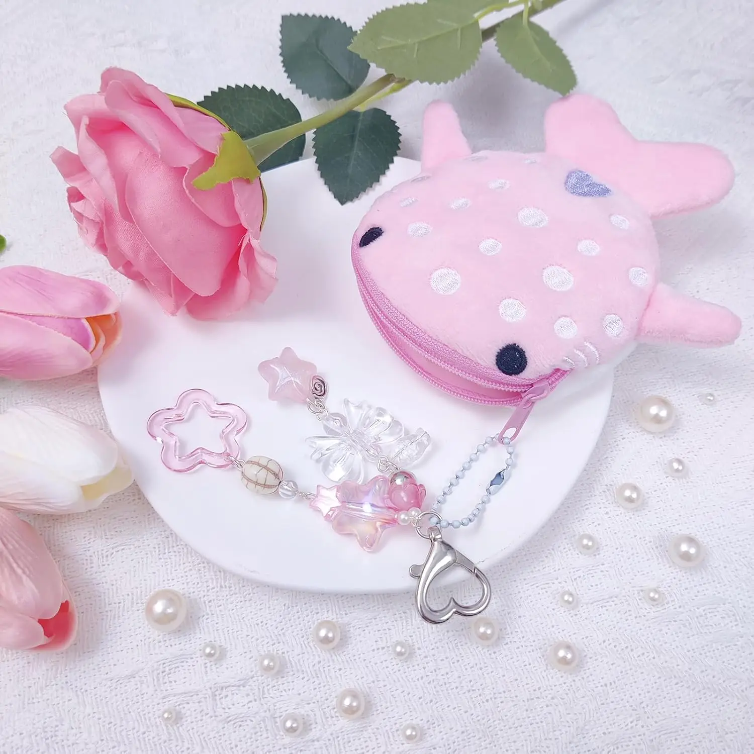 Adorable Llavero de Peluche de Tiburón Ballena con Monedero con Cremallera, Cartera Kawaii Hecha a Mano para Mujer