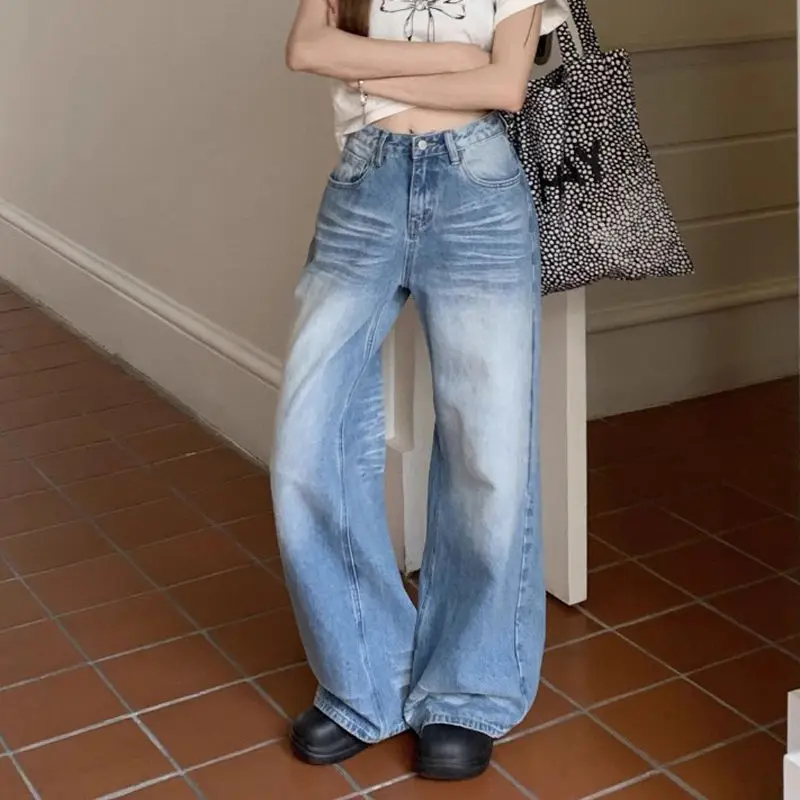 QWEEK Y2K Vintage Jeans Women High Waist Korean Streetwear Wide Leg Pants Harajuku Casual Oversize Washed Denim Trousers Summer