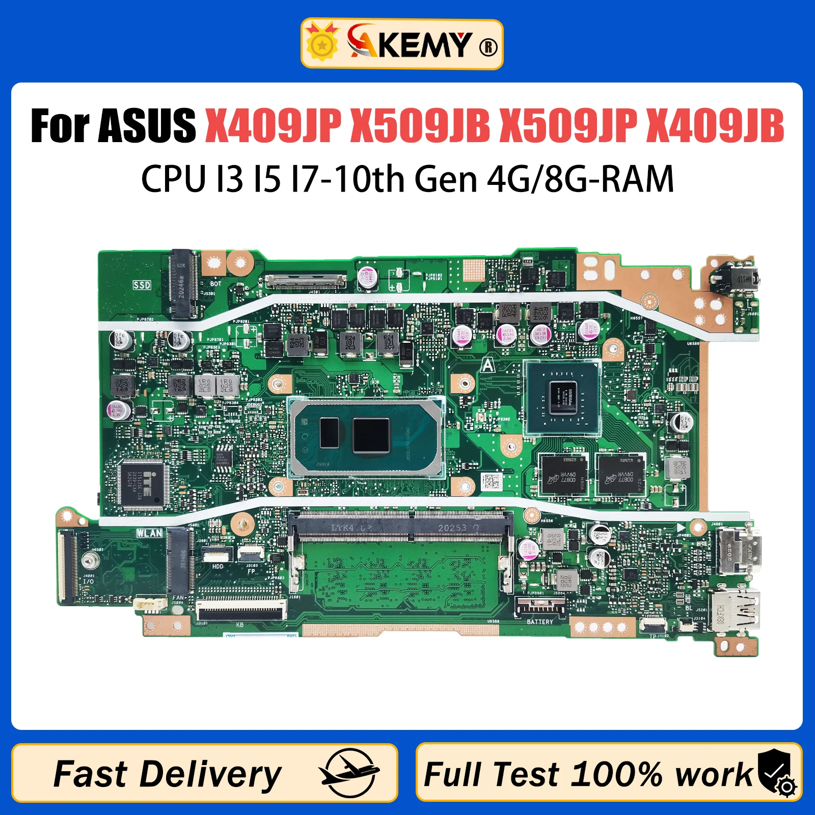 

AKEMY X409JP Laptop Motherboard For ASUS X509JB X509JP X409JB R409J P1510CJA Mainboard CPU I3 I5 I7-10th Gen 4G/8G-RAM 920MX