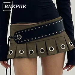 BIIKPIIK Belt Rings Vintage Mini Skirts Clubwear Grunge Low Waisted Pleated Skirts for Women Sexy Punk Bottom Clothing All-match