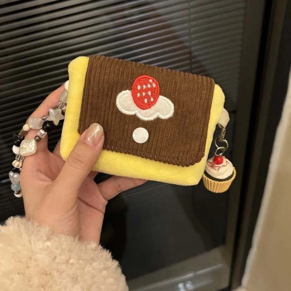 Cherry Pudding Design Coin Purse Corduroy Texture Soft Velvet Mini Pouch Wallet Contrast Color Stitching Compact Dimension