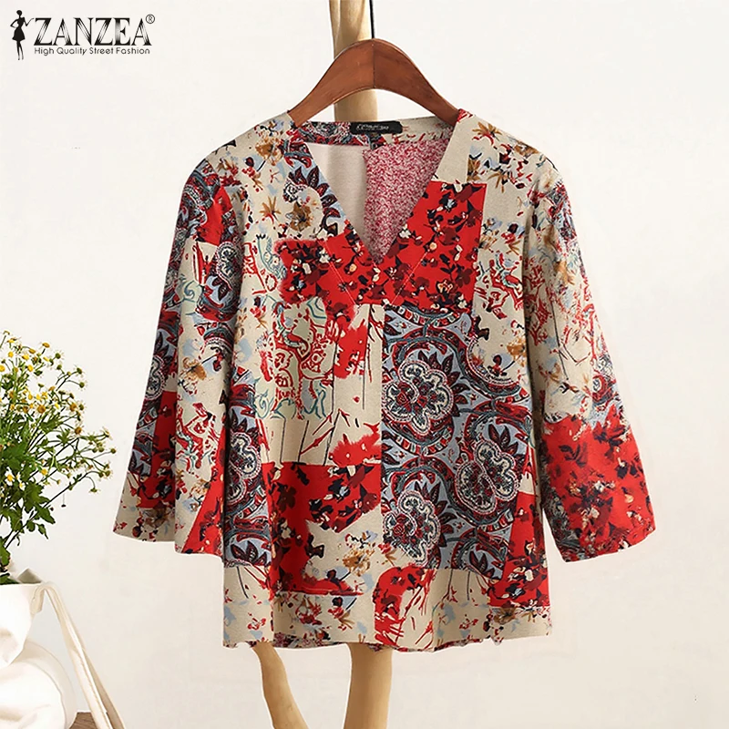 

Bohemain Printed Blouse ZANZEA Retro Shirt Autumn Female Cotton Tops Spring Women Casual V Neck 3/4 Sleeve Tops Mujer Oversize