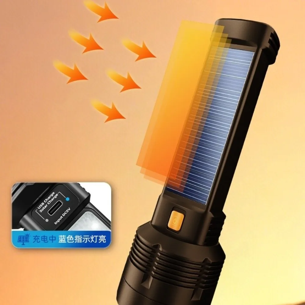 Ultra-Bright Solar Flashlight Focused Light COB Side Light LED Flashlight USB Rechargeable Long-Lasting