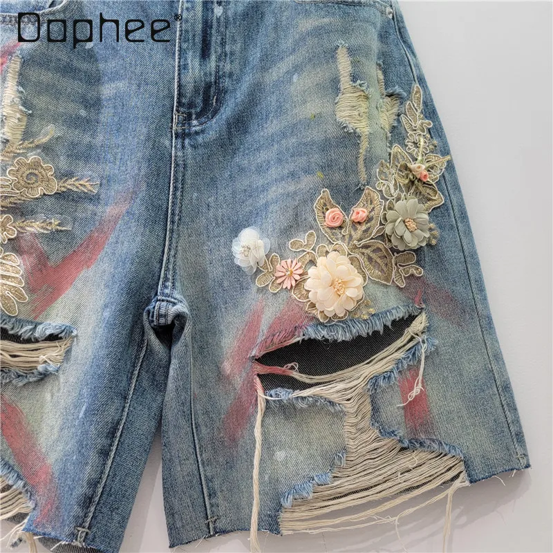 Ripped Three-dimensional Embroidered Denim Shorts for Women 2025 Summer New Korean Fashion Loose High-waisted Wide-leg Pants