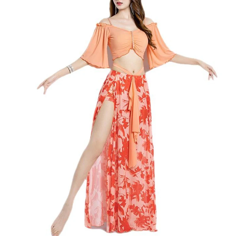 Conjunto feminino de saia dividida e top oriental de dança do ventre, roupa elegante para prática, roupa dançante, performance adulto