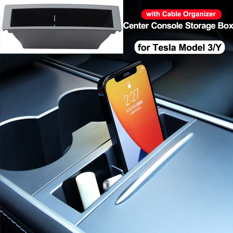 Untuk Tesla Model Y 3 2023 Aksesori Interior Kotak Penyimpanan Sandaran Tangan Konsol Tengah Kartu Kunci Telepon Casing Organiser Kabel Pengisi Daya