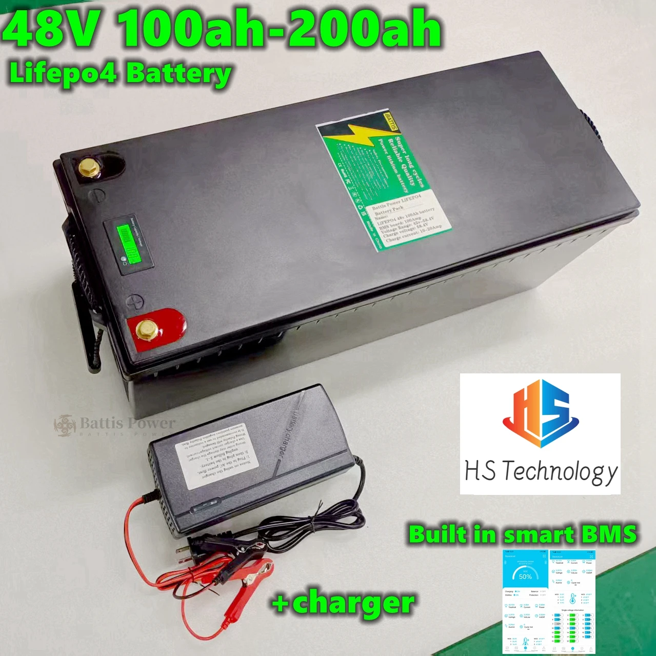 HS 48V 100Ah 150Ah 200Ah Lifepo4 Lithium Battery pack bluetooth App Parellel for Solar system 3000W 5KW 6000W Inverter golf cart