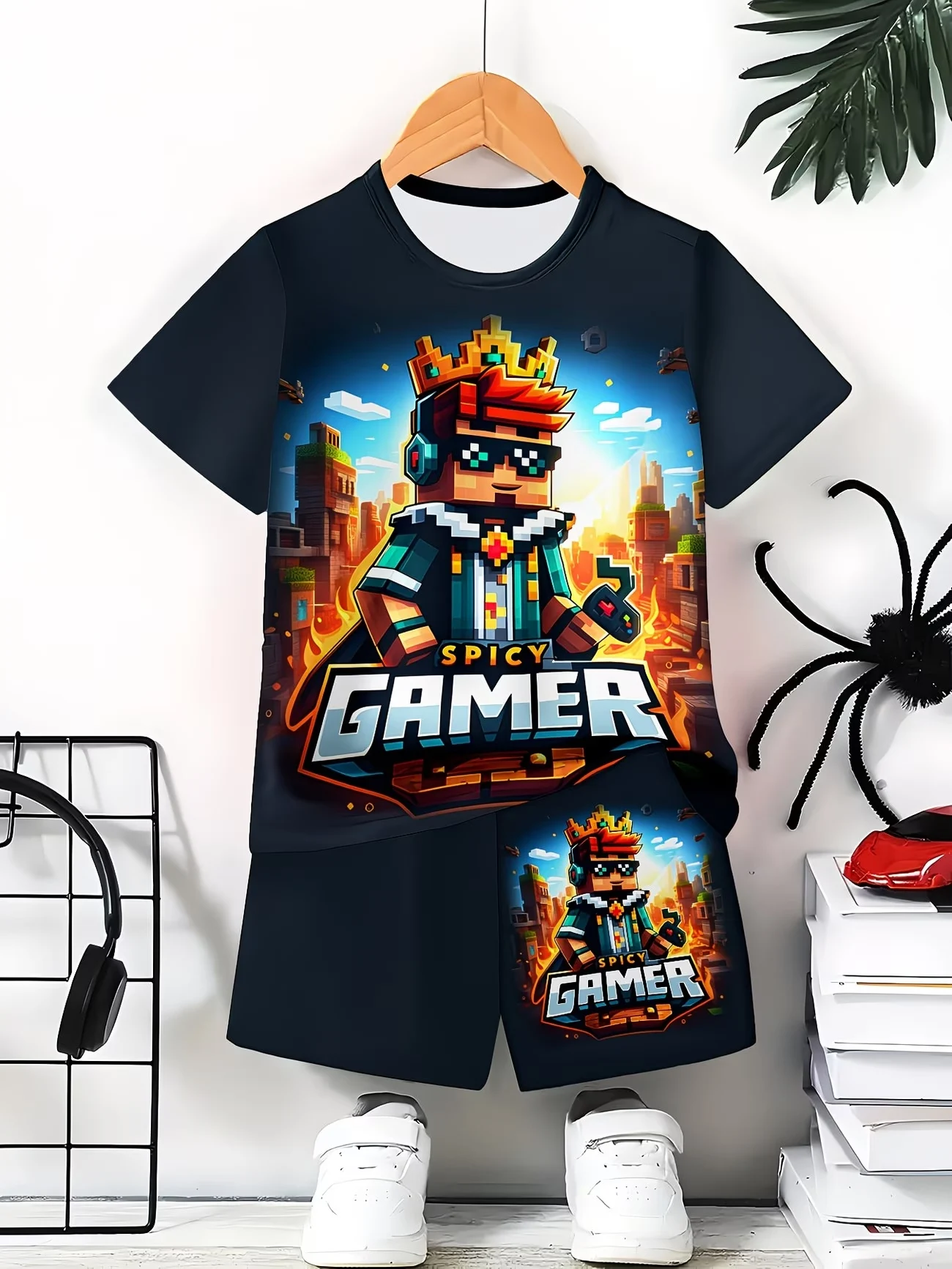 Pixel Game Style Kids Sport Suit "Spicy Gamer" Graphic Short Sleeve Tee and Shorts 2-Piece Set Black Casual Summer Clothes  Boys