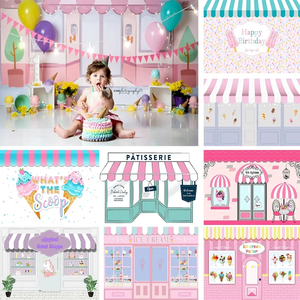 

Ice Cream Dessert Shop Theme Birthday Photography Background Poster Candy Decoration Pink Backdrop Newborn Cake Table Photobooth
