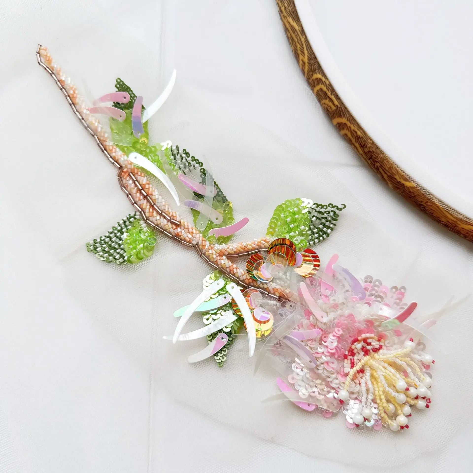 Pink Hand Sewn Tassel Stamen Handmade DIY 3D Flower Decoration Garment Lace Patch