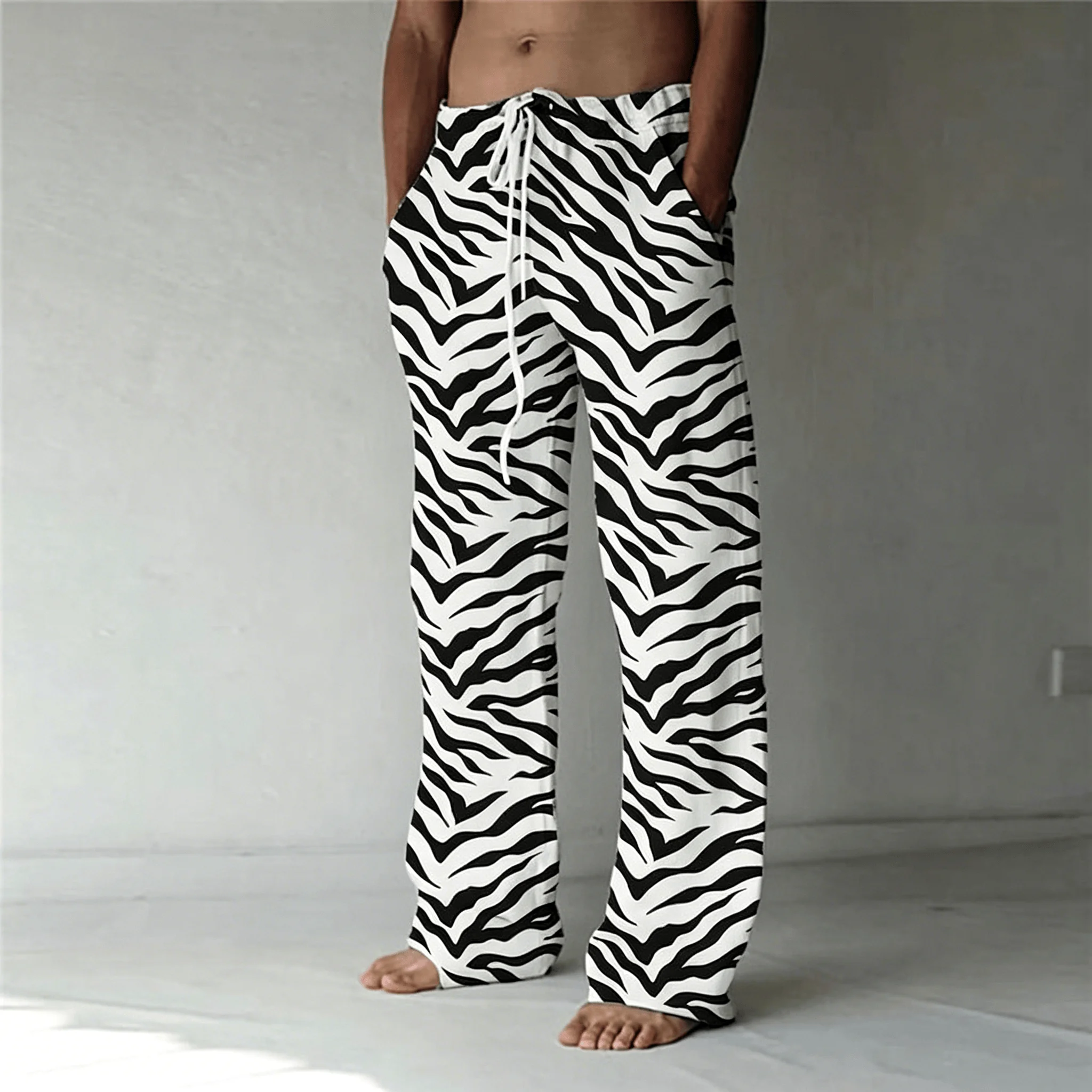 Men's Classic Leopard Print Drawstring Wide Leg Pants, Retro Casual Straight Pants for Spring & Summer
