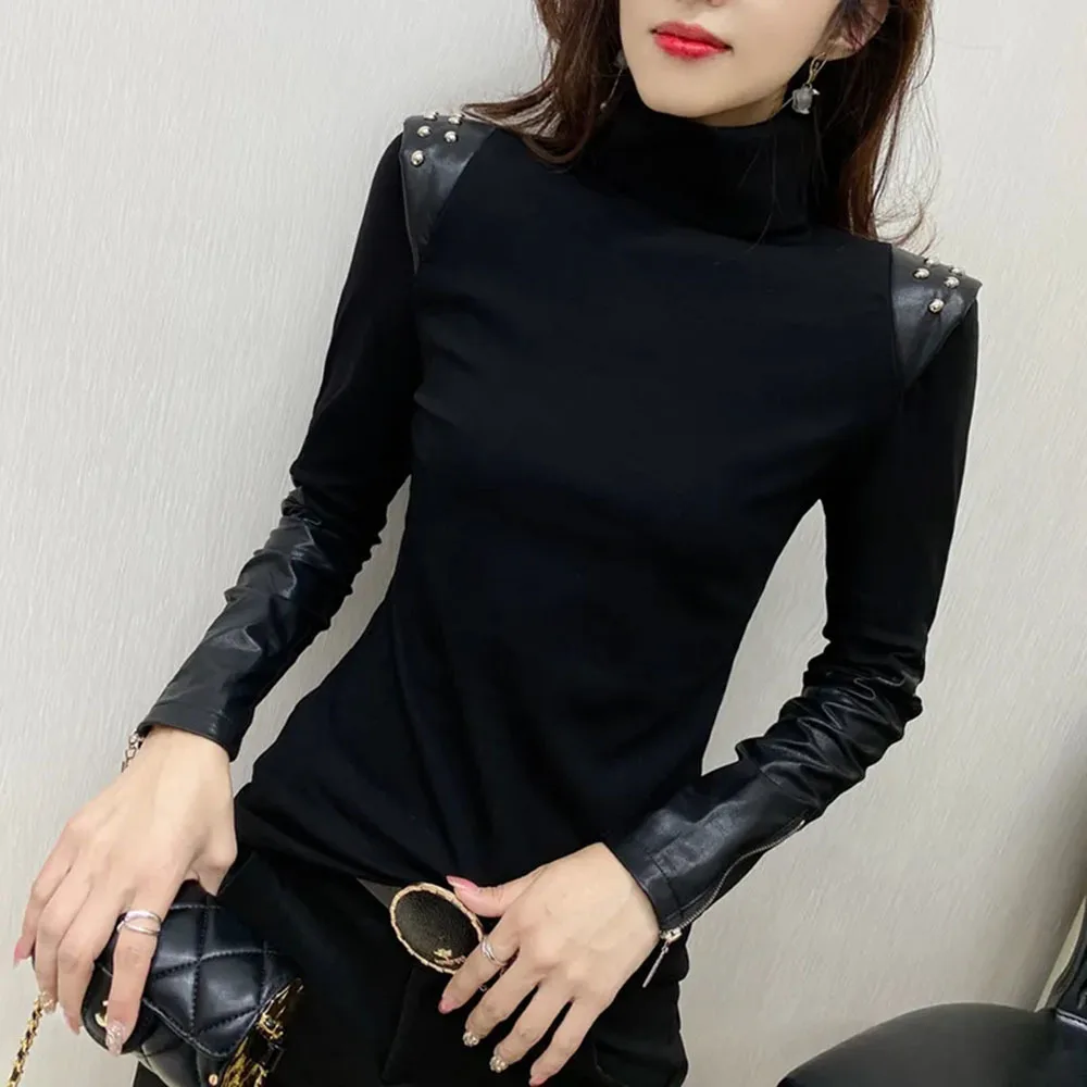 Black Ladies Elegant T-shirts Autumn Winter New Long Sleeve Half High Neck Underlay Shirt Fashion Versatile Leisure Female Tees