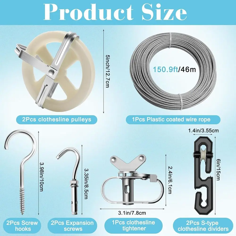 Heavy-Duty 150.9ft Plastic-Coated Clothesline Kit with 2 Pulleys, Dividers, Tightener, Hooks & Screws