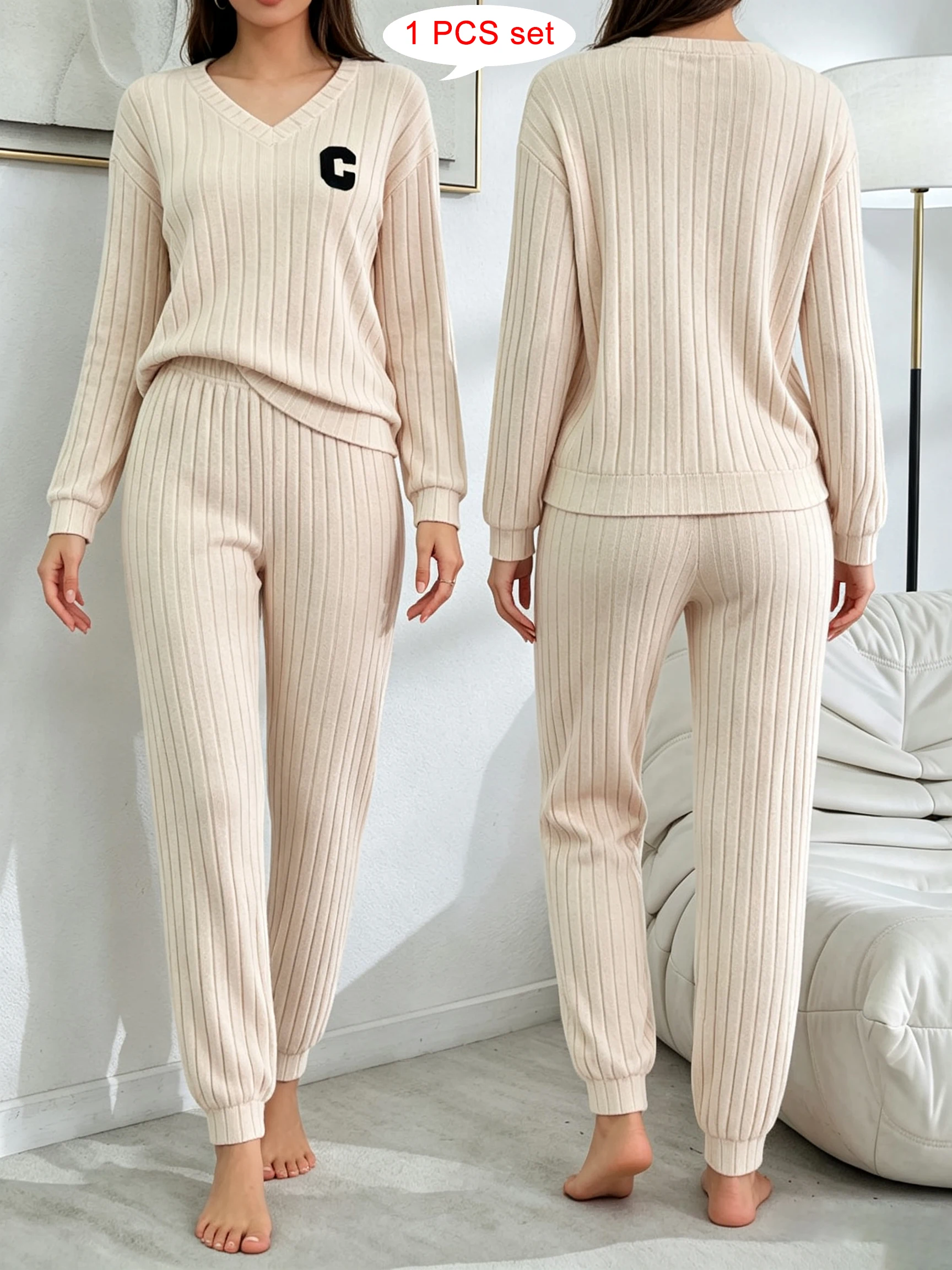 Solid Ribbed Knit Women 2‑Piece Set, V‑Neck Letter Patch Top & Elastic Cuffed Jogger Pants Casual Outfit