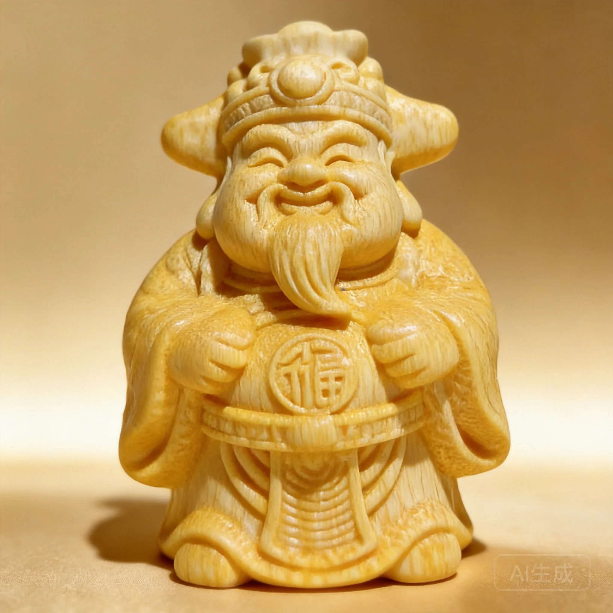 Chinese Style Solid Golden Bamboo Hand Carved Caishen Statue Good Luck Wealth Attracting Feng Shui Ornament Wenwan Pocket Handhe