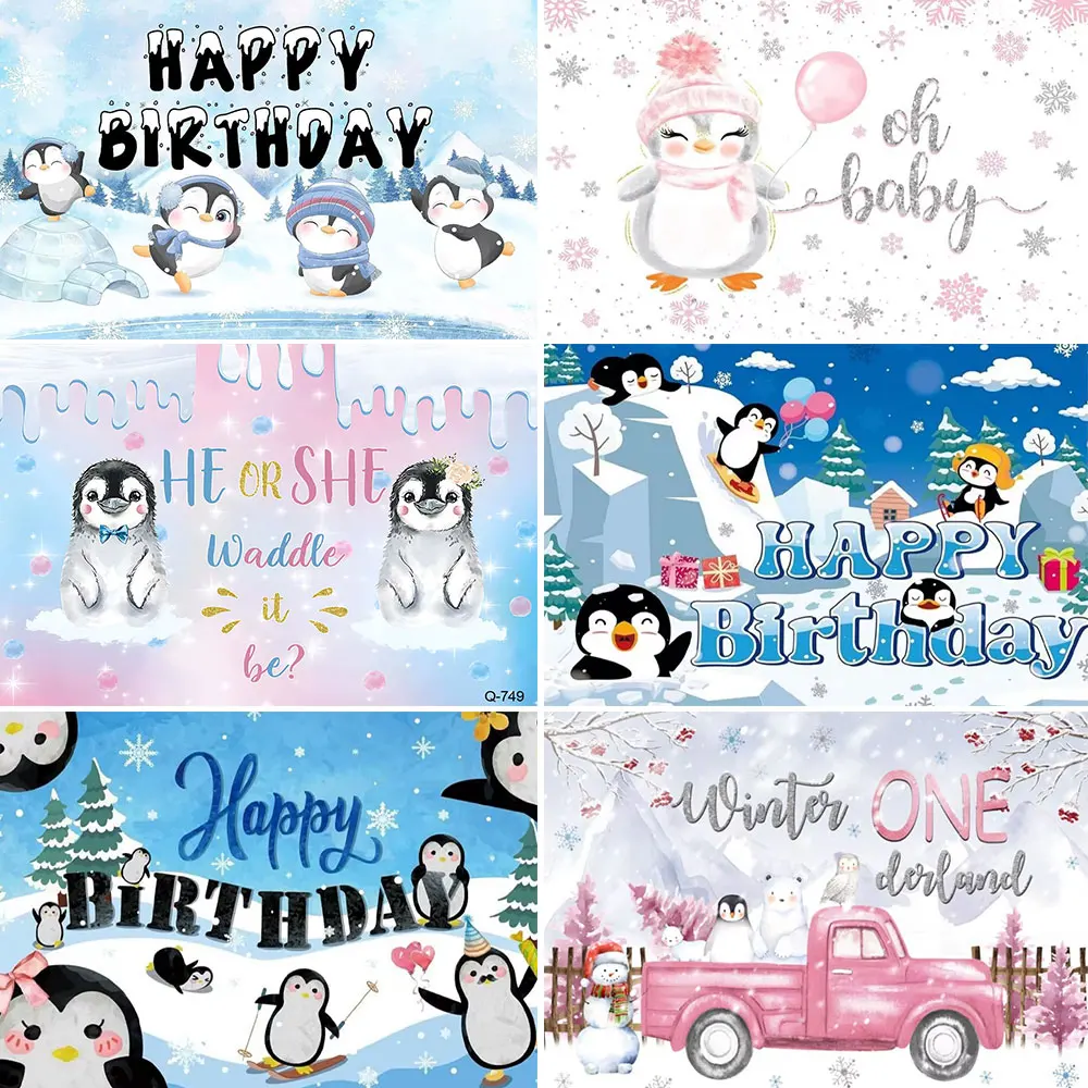 

Winter Penguin Arctic Animals Background Decorate Snowflakes Polar Bear Kid Portrait Customized Baby Shower Photography Backdrop